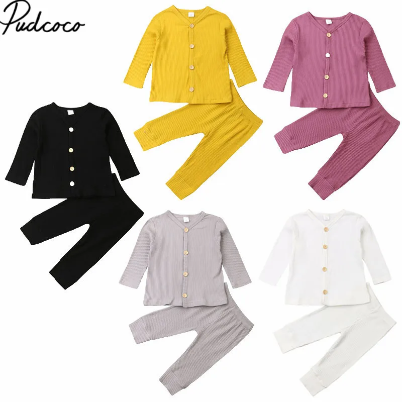 

2019 Baby Spring Autumn Clothing Newborn Baby Girl Boy Knitted Long Sleeve Tops+Pants Leggings 2Pcs Outfits Solid Ribbed Clothes
