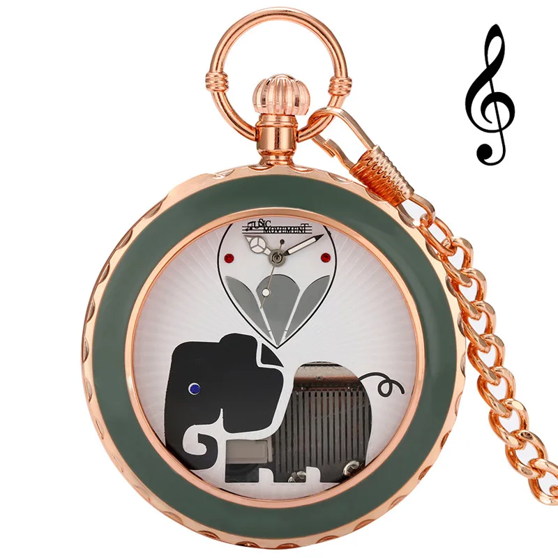 Novel Playing Song Watch Vintage Men Women Quartz Pocket Watches with Swan Lake Music Elephant Dial Pendant Clock Collectable