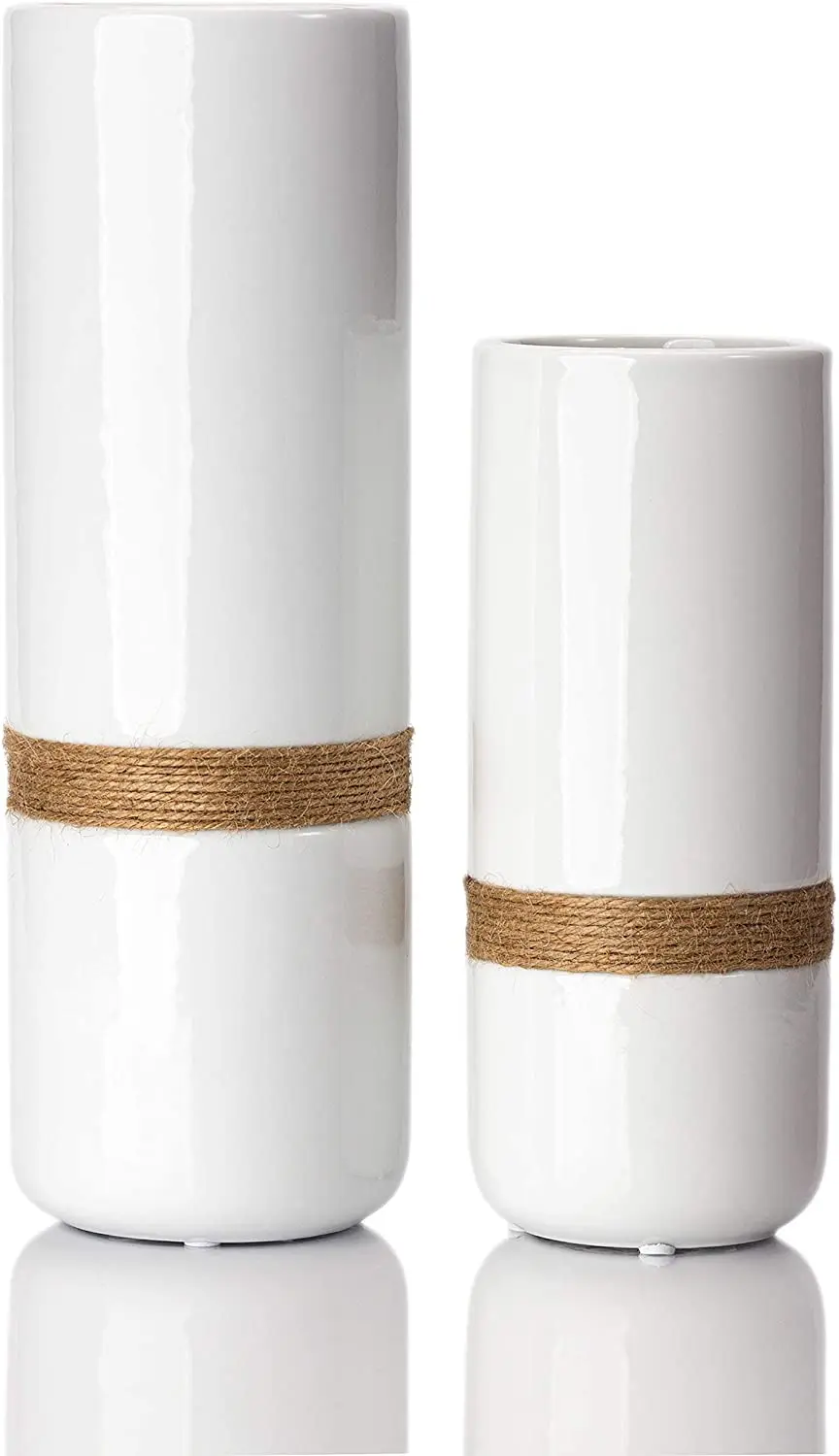 

Ceramic White Vase Set - Elegant White Vases for Decor with Rustic Rope Accent Minimalist Vases