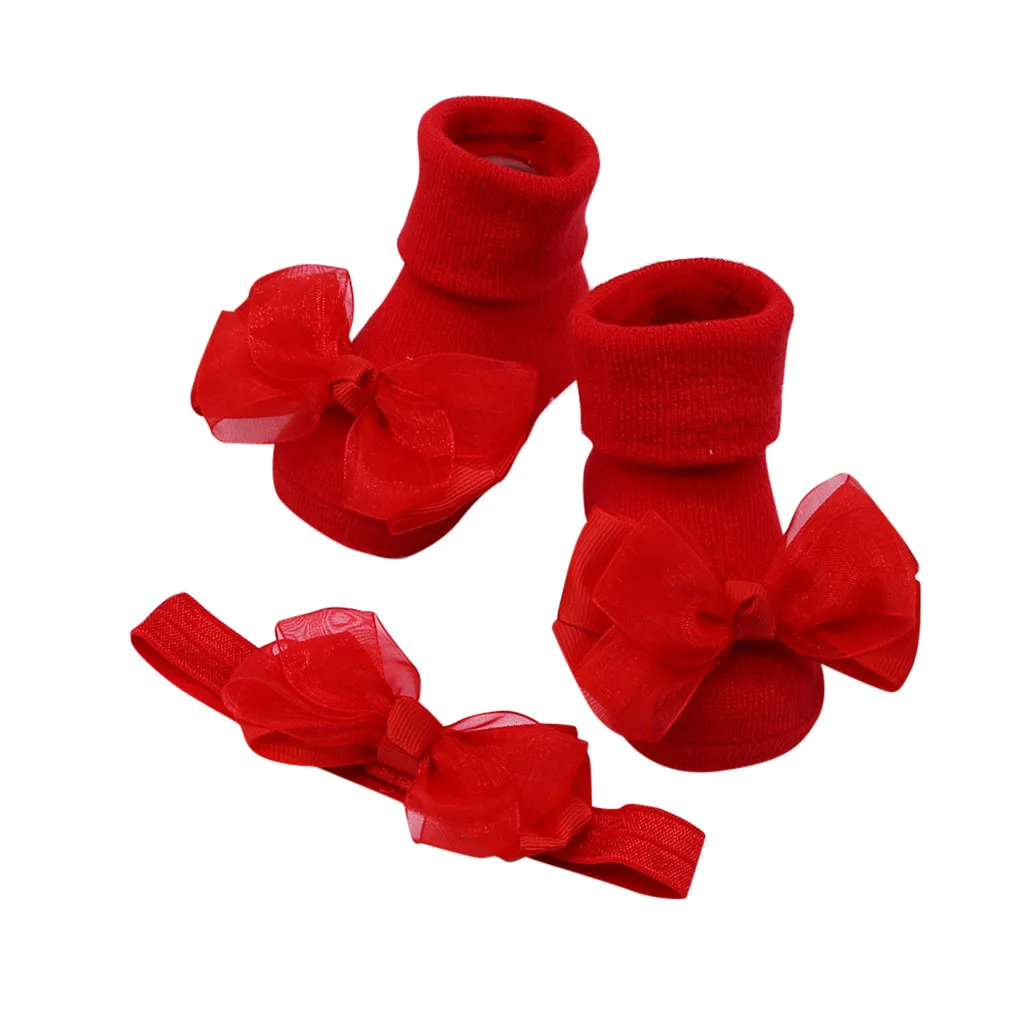 Носки для малышей+ 1 шт., носки с поясом для волос, нескользящие носки с бантом для маленьких девочек