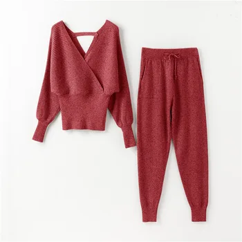 

ToLugui Sexy Double v-neck women knitted Sweater suits Autumn winter batwing sleeve 2 pieces Elegant party female sweater Set