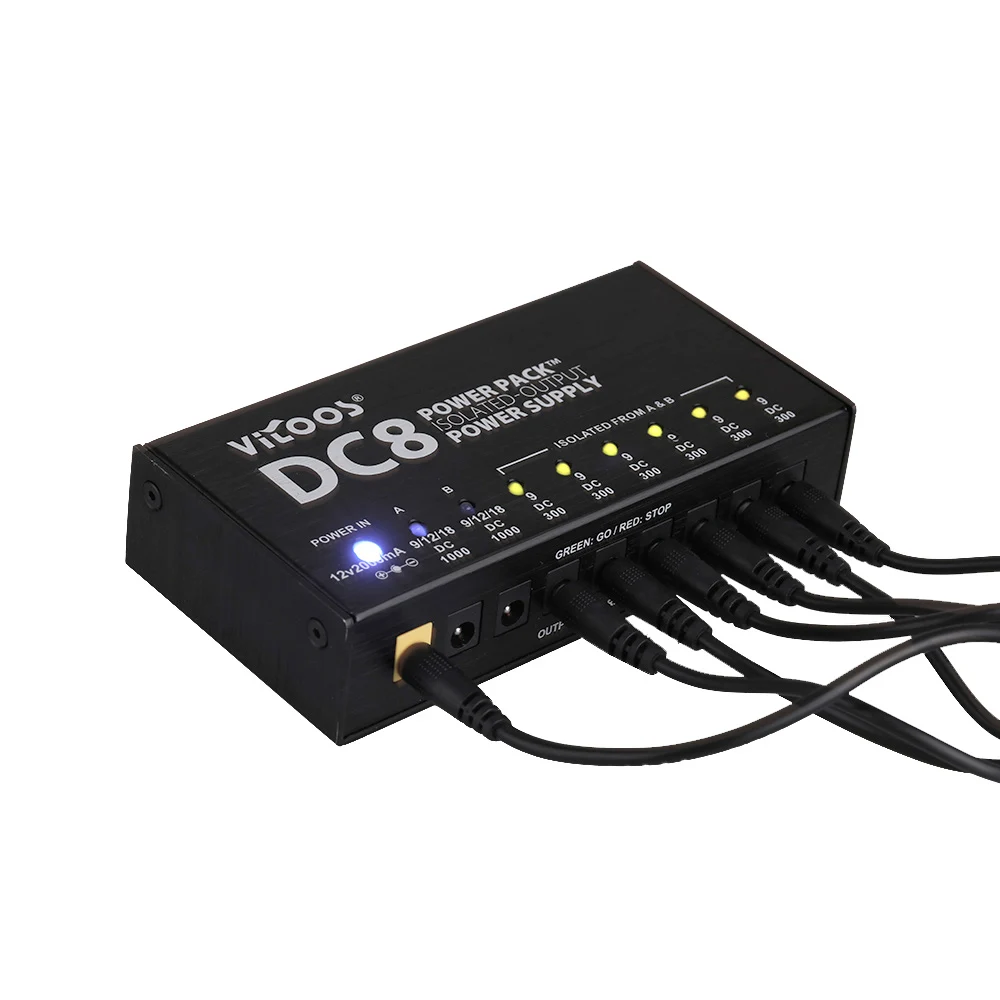 

VITOOS DC8 Guitar Effects Power Supply 8 Isolated Outputs 6 Way 9V 2 Way Adjustable 9V 12V 18V Switching Stabilized Voltage