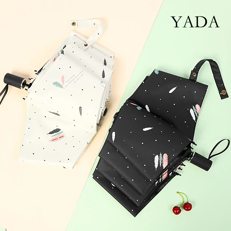 

YADA New Fashion Feather 3-Folding Umbrella Women UV Rainproof Umbrella Parasol Rain Sun Light Plant leaves Umbrellas YD200203