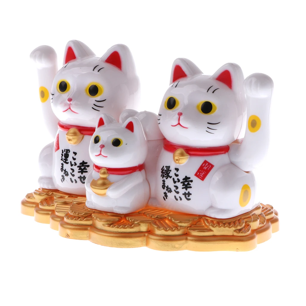 Solar Powered Bobbling Toy Waving Hand Fortune Cat Family Figures on Stage Gadget Toy Home/Car Ornament