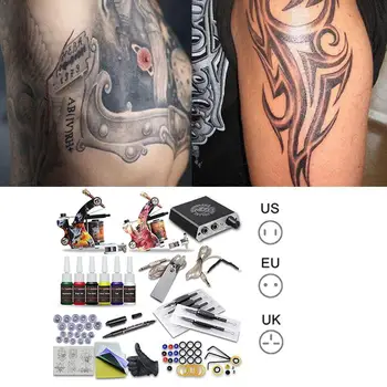 

US UK Beginner Tattoo Kits 2 Tattoo Machines Gun Black Tools Body Set Makeup Tattoo Grips Supply Power Ink Art Tattoo Compl G9L9