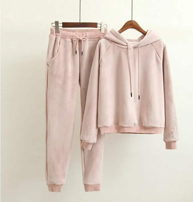 New Autumn and Winter Women Students Letter Embroidered Plus Velvet Thicken Gold Hoodies Top with Hood + Casual Trousers |