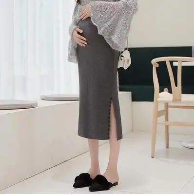 8820Grey Весенне-осенние Новые Вязаные Юбки для беременных с разрезом по бокам, Украшенные бусинами/пуговицами, юбки-карандаш для беременных, элегантная юбка в стиле ампир - Цвет: 8820Grey