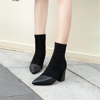 

COOTELILI Women Boots Fashion Shoes For Woman Winter Warm Boots Whith Plush Pointed Toe 7.5cm Heel Shoes Zip Black Size 35-39