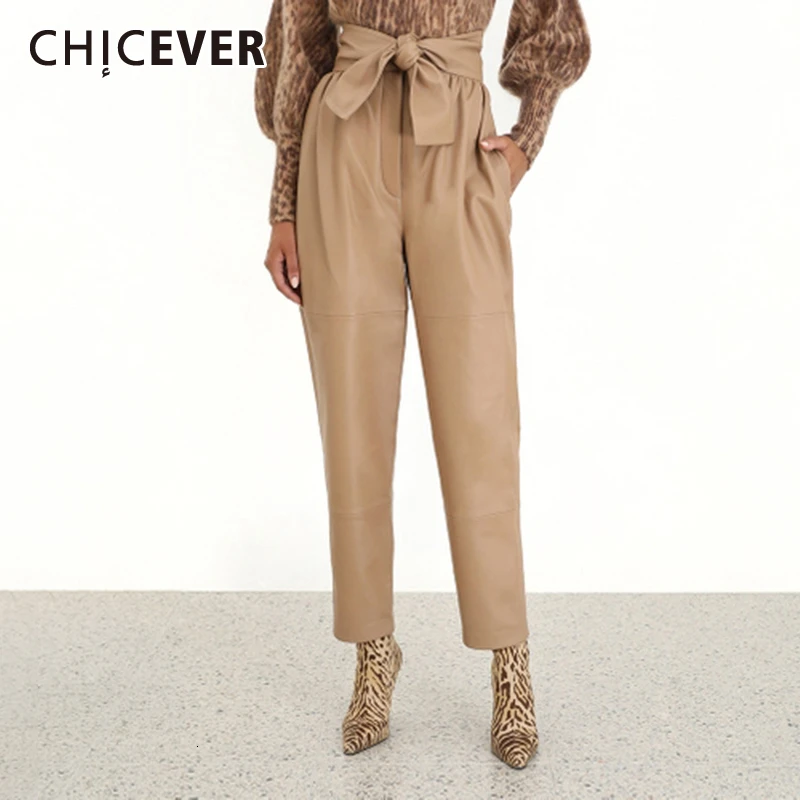 

CHICEVER Korean PU Leather Bowknot Women's Trousers High Waist Lace Up Casual Pencil Pants Autumn Fashion New Streetwear 2019