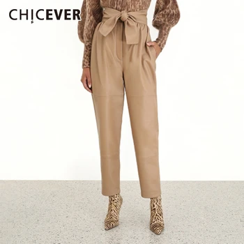 

CHICEVER Korean PU Leather Bowknot Women's Trousers High Waist Lace Up Casual Pencil Pants Autumn Fashion New Streetwear 2020