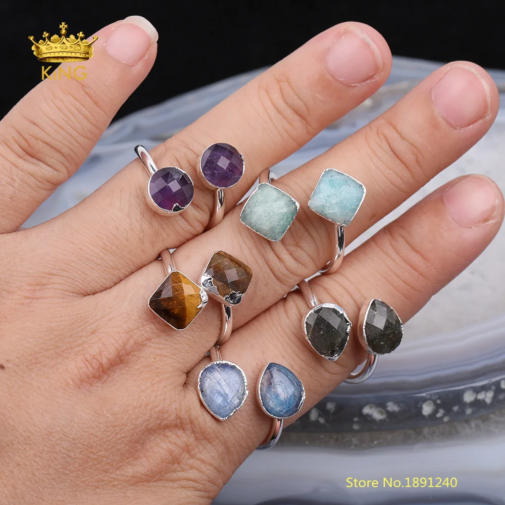 5pcs Faceted Stones Double Rings Jewelry Random Style Natural Beads Silvery Ring Minimalism Wholesale Bulk | Украшения и