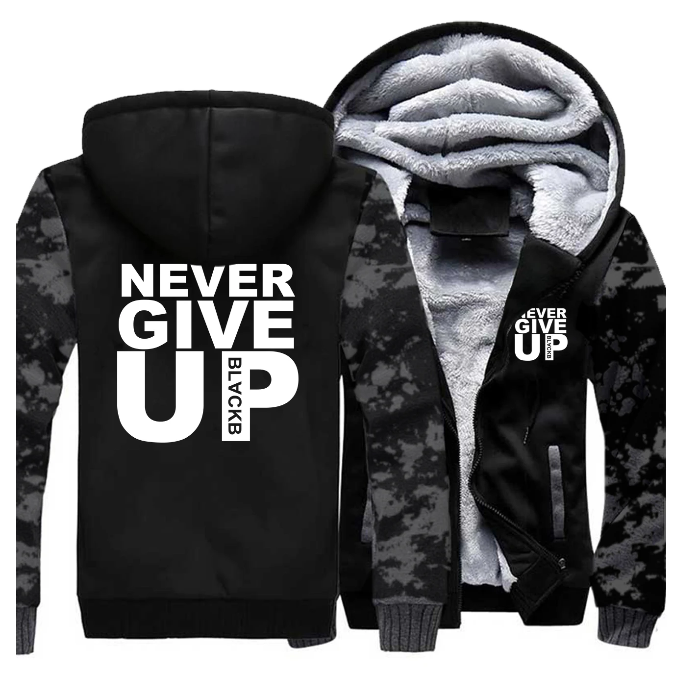 Мужские зимние повседневные утепленные толстовки с принтом Never Give Up, толстовка с капюшоном, Флисовая теплая куртка на молнии, Мужская Уличная Одежда Harajuku - Цвет: Vintage Gray 5
