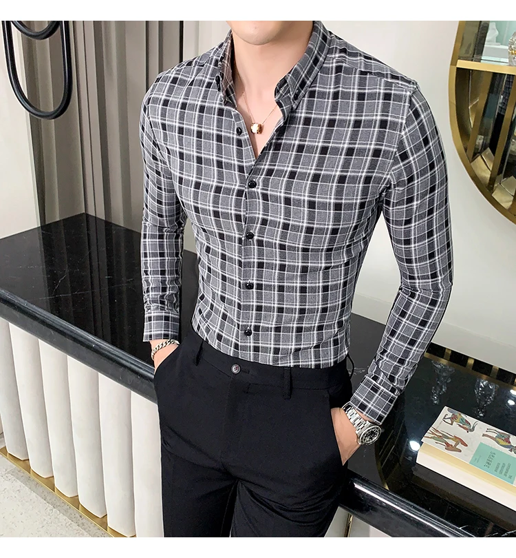 Британский стиль; клетчатая рубашка Для мужчин осенне-зимнее, зауженное Мужская рубашка в клетку с длинными рукавами; высокое качество праздничная одежда мужские рубашки в стиле кэжуал 4XL