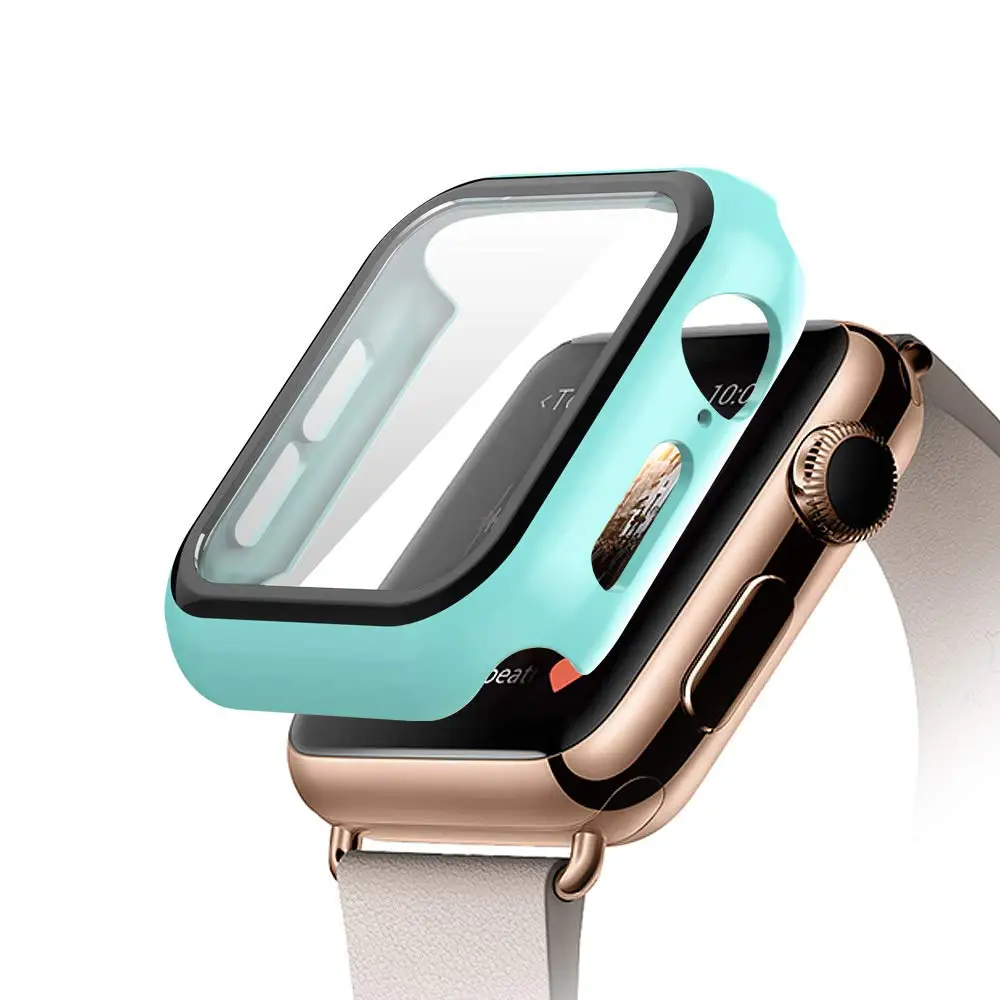 Закаленное стекло+ чехол для apple watch 5 4 44 мм 40 мм iWatch 3 2 1 42 мм 38 мм защита экрана+ чехол бампер аксессуары для apple watch - Цвет: light blue