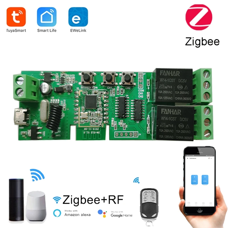 1/2CH Tuya Smart Zigbee Smart Light Switch Module DC 5/12/32V RF433 Receive 10A Relays Work With Alexa Google Assistant