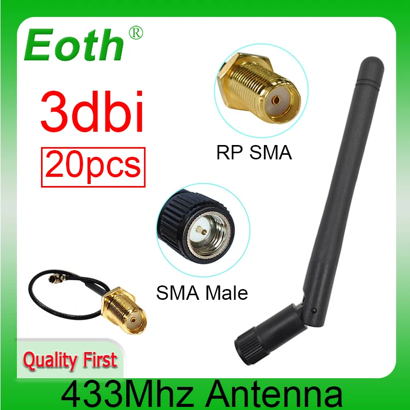 EOTH 20pcs 433mhz antenna 3dbi sma male lora antene iot module lorawan signal receiver ipex1 SMA female pigtail Extension Cable