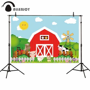 

Allenjoy Cartoon red barn backdrop Photophone Zenon Farm animals Windmill Baby Event Supplies Kid Birthday background Banner