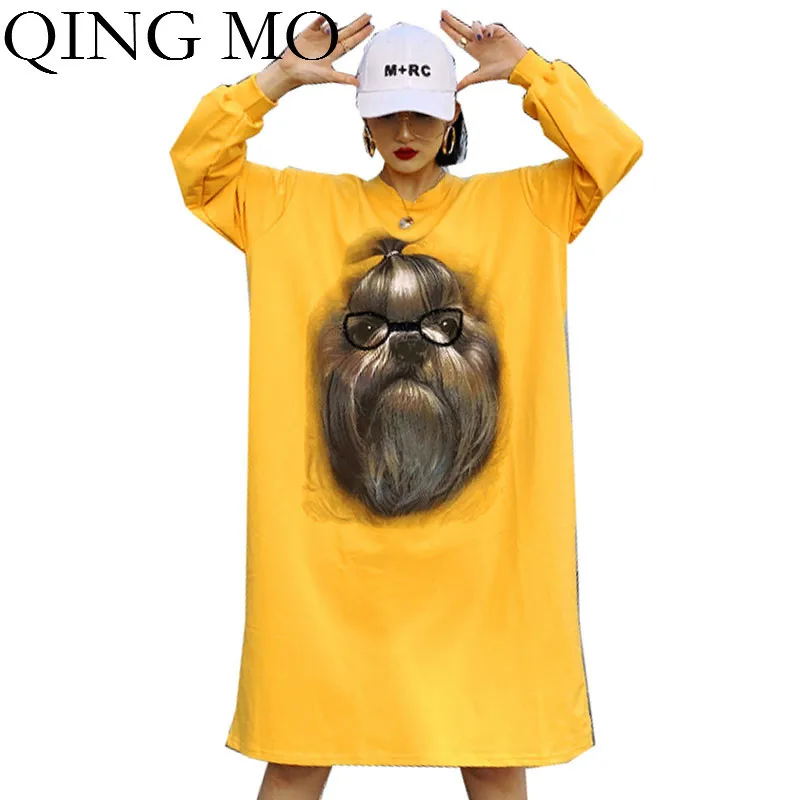 

QING MO Black Blue Red Yellow Women Spring Dress 2020 Women Dog Print Dress With Rhinestone Female Plus Size Loose Dress ZQY3262