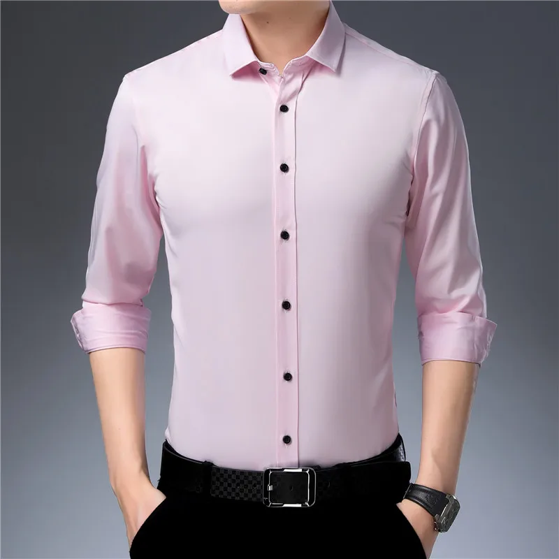 Anti-Wrinkle No-Ironing Elasticity Slim Fit Men Dress Casual Long Sleeved Shirt White Black Blue Red Male Social Formal Shirts