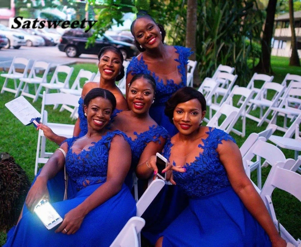 Africký královský modrá krajky družička šaty lodni linky rozseknout šifon svatební cizozemský dlouhé služebná z uctívat gowns plus rozměr večírek