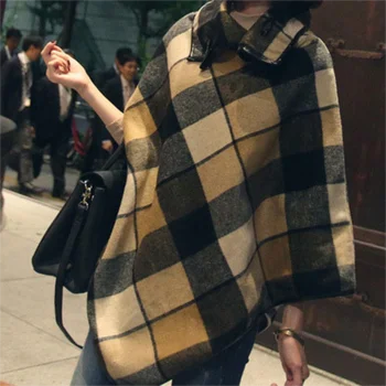 

Autumn Winter New Women's Plaid Shawl High Collar Lapel Folding Design Korean Version Of Large Stitching Woolen Cape
