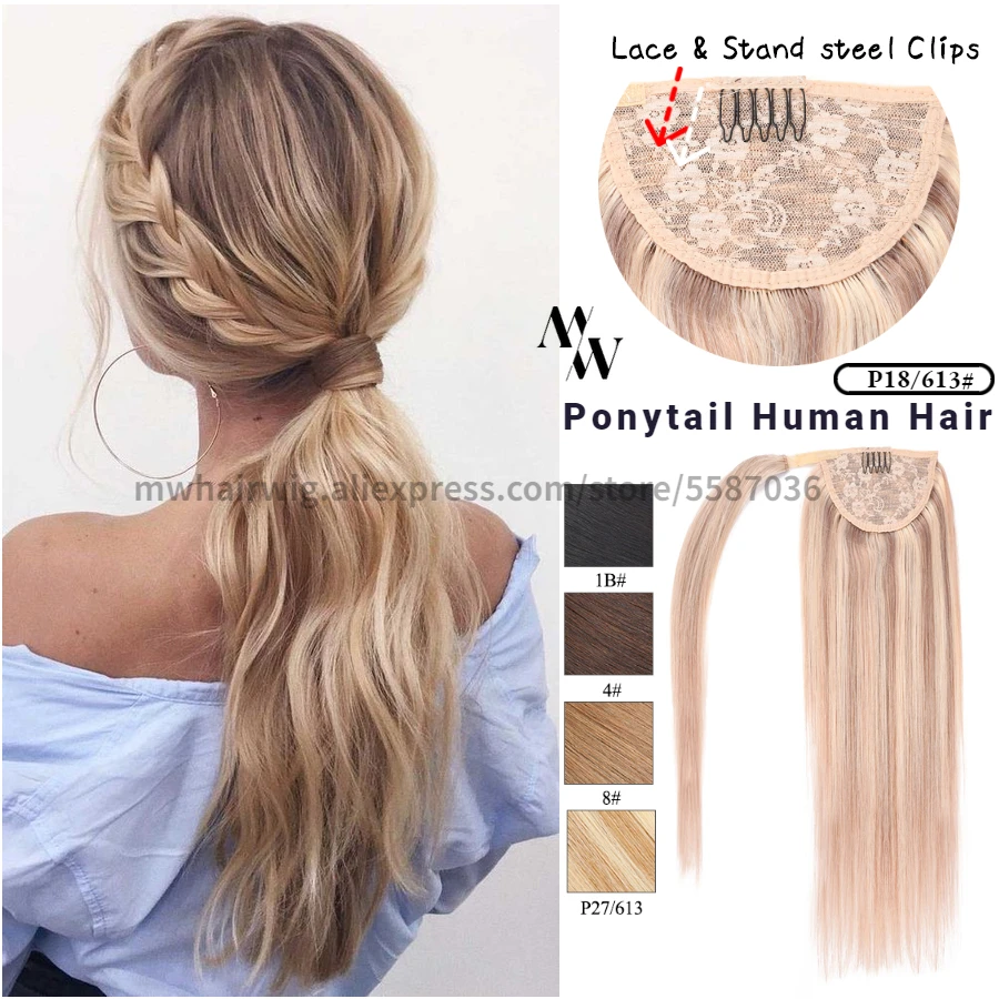 MW-Cinta mágica Remy para cola de caballo, cinta para envolver alrededor del 100%, cabello humano liso con Clip en cola de caballo, Color resaltado de 12 -24, P18/613 #