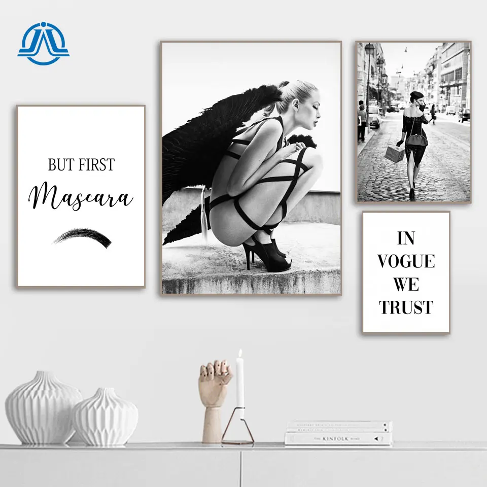 

Black White Angel Wing Picture Scandinavian Fashion Poster Nordic Mascara Vogue Print Wall Art Canvas Painting Living Room Decor