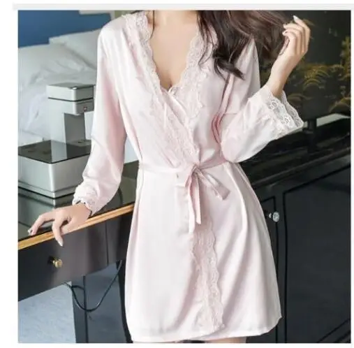 Women's Satin Silk Woman Lace Robe Female Lace Bathrobe Womens Robes Sleepwear Ladies Sexy Robe For Women