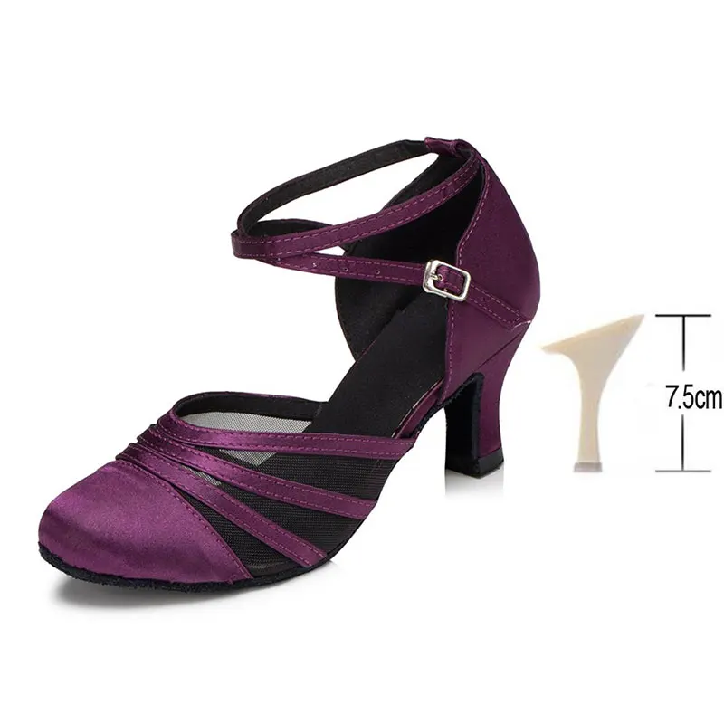 Purple 7.5CM HROYL Женская танцевальная обувь, танцевальная обувь для латинских танцев, танго, танцевальная обувь на каблуке, шелковая печать, сальса, Свадебная вечеринка, танцевальная обувь,, 6-10 см - Цвет: Purple 7.5CM