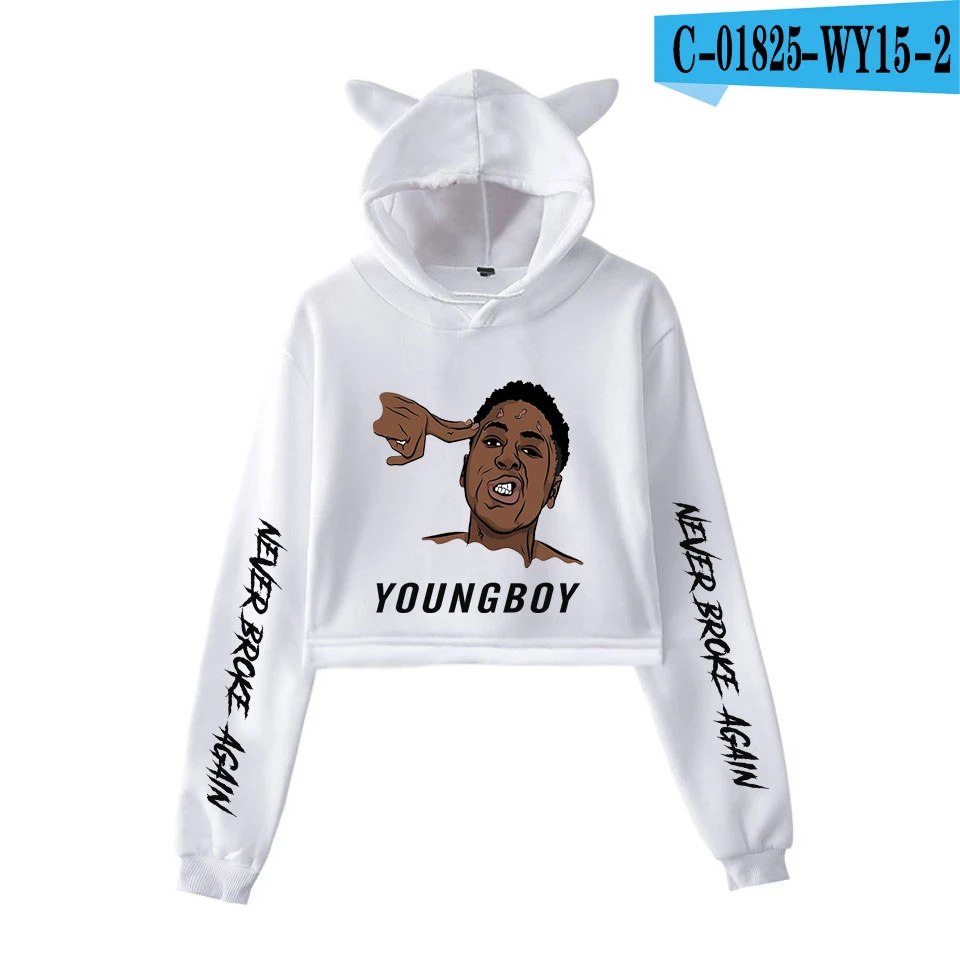 YoungBoy Never Broke agne хлопковая толстовка Kawaii с капюшоном для девочек, женский модный пуловер, короткая рубашка, новая толстовка с кошачьими ушками - Цвет: white