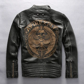 

AVIREXFLY Men's Genuine Leather Embroidery Skull Jacket Motor Vintage Pattern Black Jacket Luxury Cowhide Coat Free Shipping