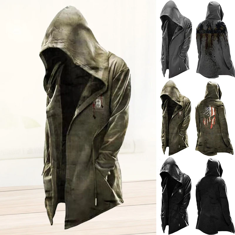 

Newly Trendy Hooded Men's Trench Coat Halloween Theme Printed for Cospaly Costumes Party Prop