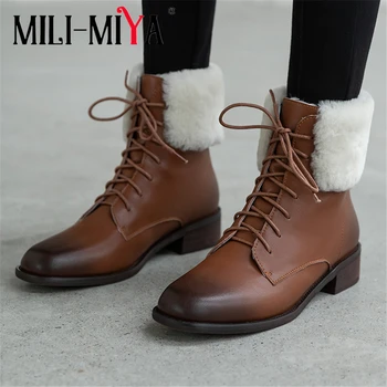 

MILI-MIYA Warm Fur Women Cow Leather Snow Boots Short Plush Round Toe Lace-Up Square Heels Waterproof Winter Shoes Black Brown