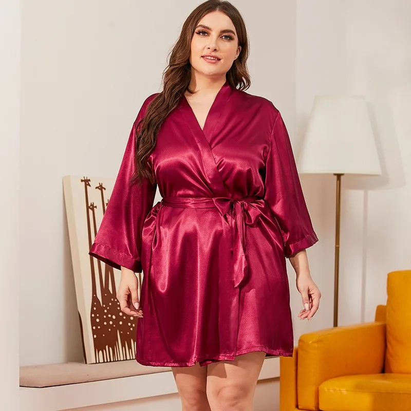 Oversize 3XL Lady Sexy Kimono Bathrobe Robes Solid Sleepwear Female Lounge Wear Home Dressing Gown Bridal Wedding Robe Gown