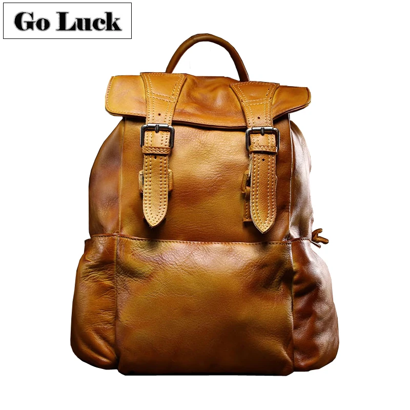 

Distress Genuine Leather Cowhide Retro Unisex Travel Hiking Backpack Laptop Shoulder Bag Back Packs Rucksack Men&Women's