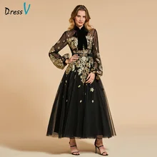 Dressv Черное вечернее платье с высоким воротом А-силуэт элегантное с длинными рукавами длиной до щиколотки свадебное вечернее платье