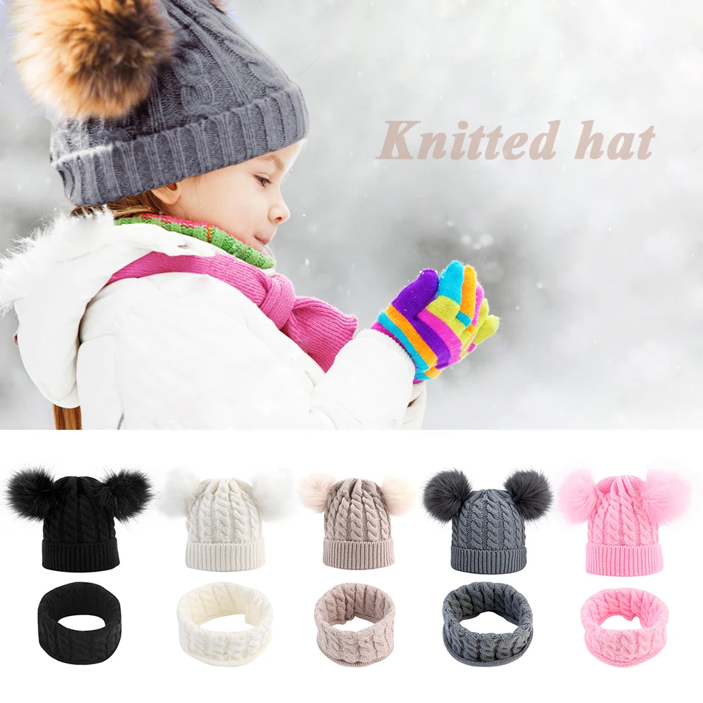 

Toddler Baby Knit Hat Scarf Winter Warm Beanie Cap with Circle Loop Scarf Set 2Pcs Solid Keep Warm Knitted Pompom For Child Hat