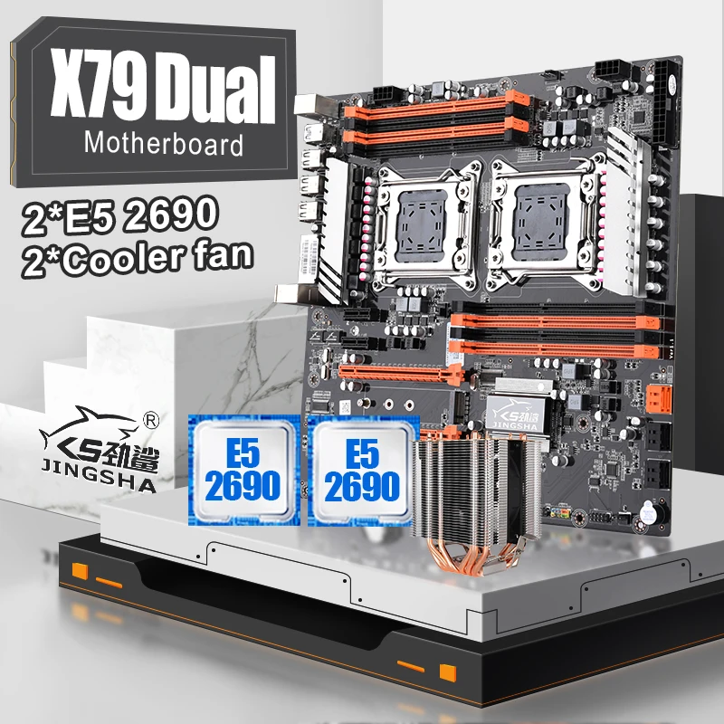 JINGSHA X79 Dual CPU Placa base con 2 uds E5 2690 y 2 uds ventilador