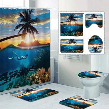 

4/3/1Pcs Sunset Sea View Shower Curtain Waterproof Polyester 3D Pattern Bathroom Curtain Large 180x180cm for bathroom curtain