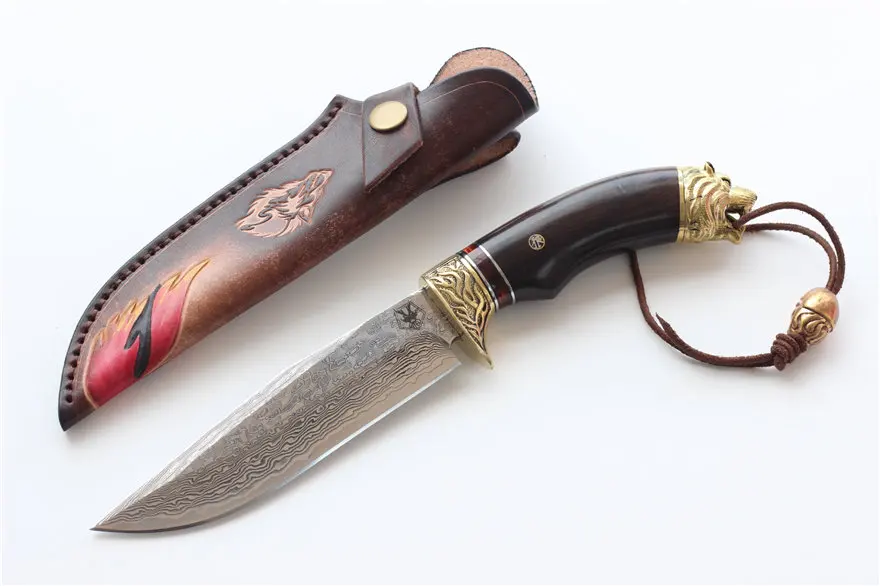 Нож ручной работы с волком дамасское лезвие с деревянной ручкой 60hrc ножи с фиксированным лезвием кемпинга охоты коллекция выживания нож охотничий подарок EDC инструмент