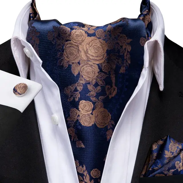 Hi-Tie Silk Men's Ascot Tie Pocket Square Cufflinks Set Cravat Ascots Scrunch Self British Style Gentleman Dress Scarves Party AS-1050