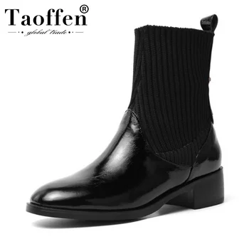 

Taoffen Women Real Leather Slip On Winter Ankle Boots Knitting Comfortable Black Short Boots Daily Work Botas Size 34-43