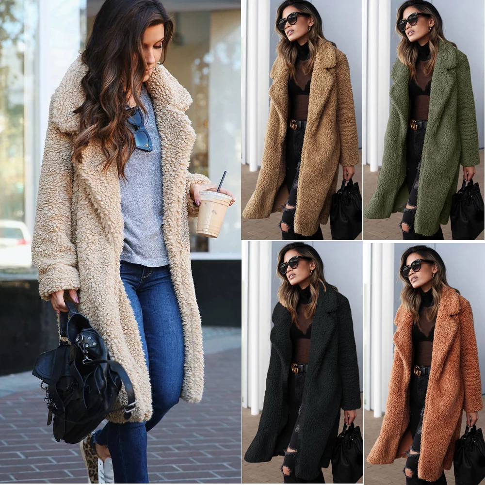 Winter Women Teddy Bear Fur Coat Ladies Knee Long Vintage Jacket Outwear Top bikini cover up