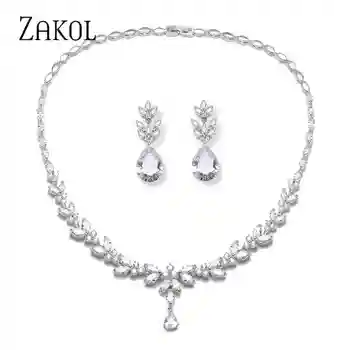 

ZAKOL New Unique Leaf & Teardrop Cubic Zirconia Necklace Earrings Jewelry Sets for Elegant Bridal Wedding Accessories Dropship
