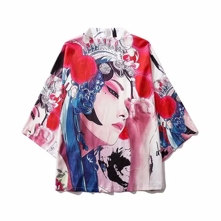 

Harajuku Pink Printed Men Casual Shirt 2020 Summer Spring Male Japanese Style Kimono Hip Hop Cardigan Loose Bathrobe Gown