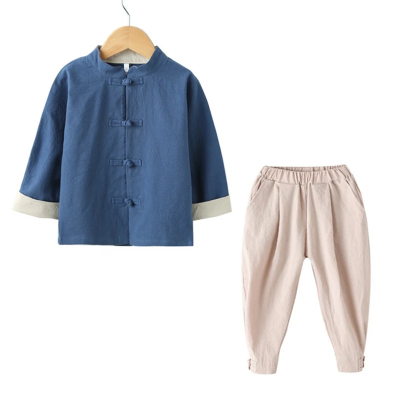 Однотонная Одежда для мальчиков в китайском национальном стиле; Весенний льняной хлопковый костюм для мальчиков и девочек; детская одежда для детского сада