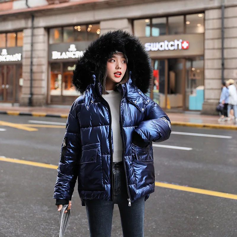 Autumn Winter Women's Short Glossy Down Cotton Hooded Parkas With Big Fur Collar Casual Pearlescent Leather Thick Winter Jacket - Color: Blue