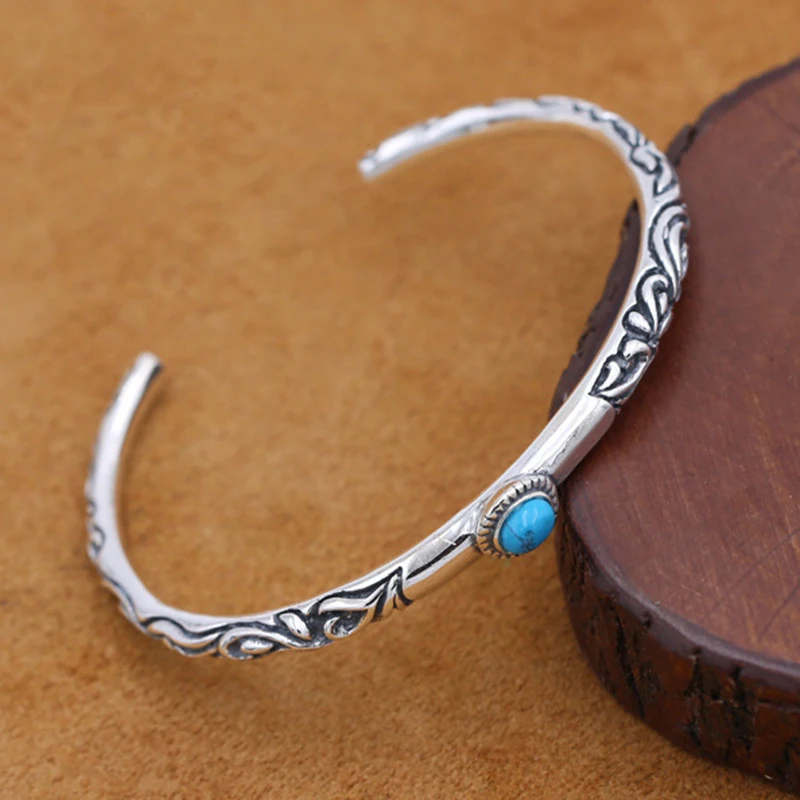 

S925 sterling silver jewelry retro Thai silver simple thin ring Tang grass inlaid turquoise men and women opening bracelet