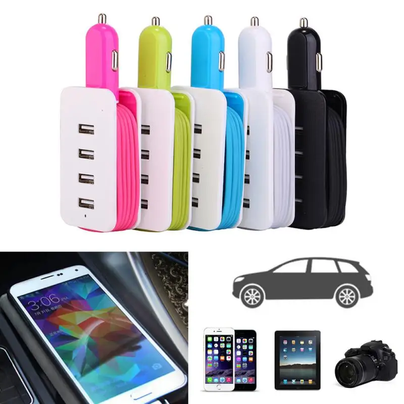 

2019 New 4 Port USBLine length 1m Car Charger with Winder 5V 4.1A Cigarette Lighter Power Adaptor car accessories hot sale