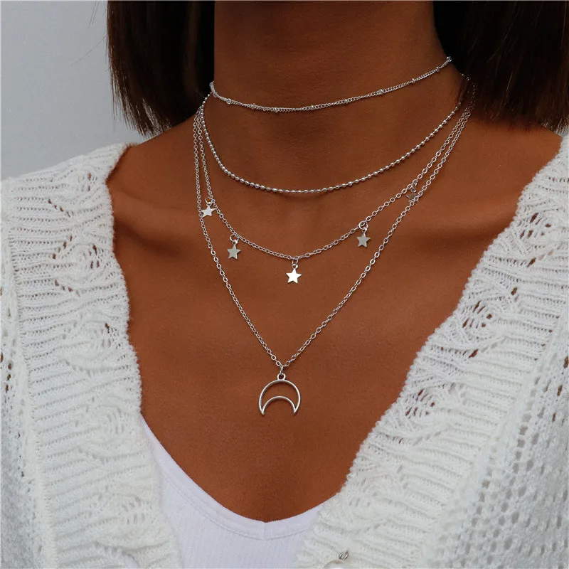 Bohemia Multilayer Moon Star Necklaces for Women Hollow Silver Color Beads Chain Pendants Female Jewelry | Украшения и аксессуары